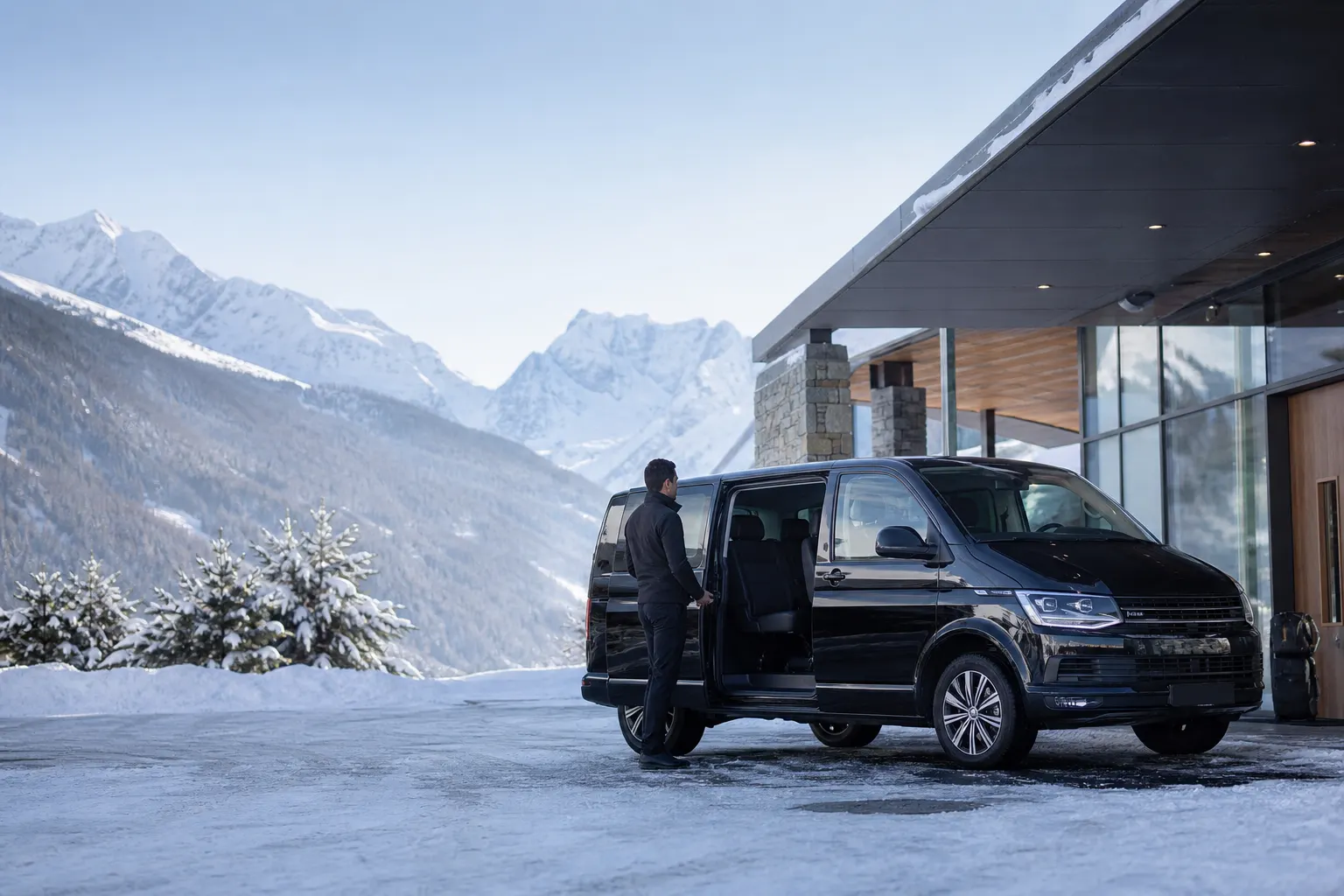Van de transport devant une clinique en station de ski